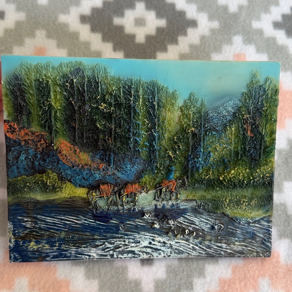 Vintage hand painted resin Forest River Horse Rider Landscape Art green blue